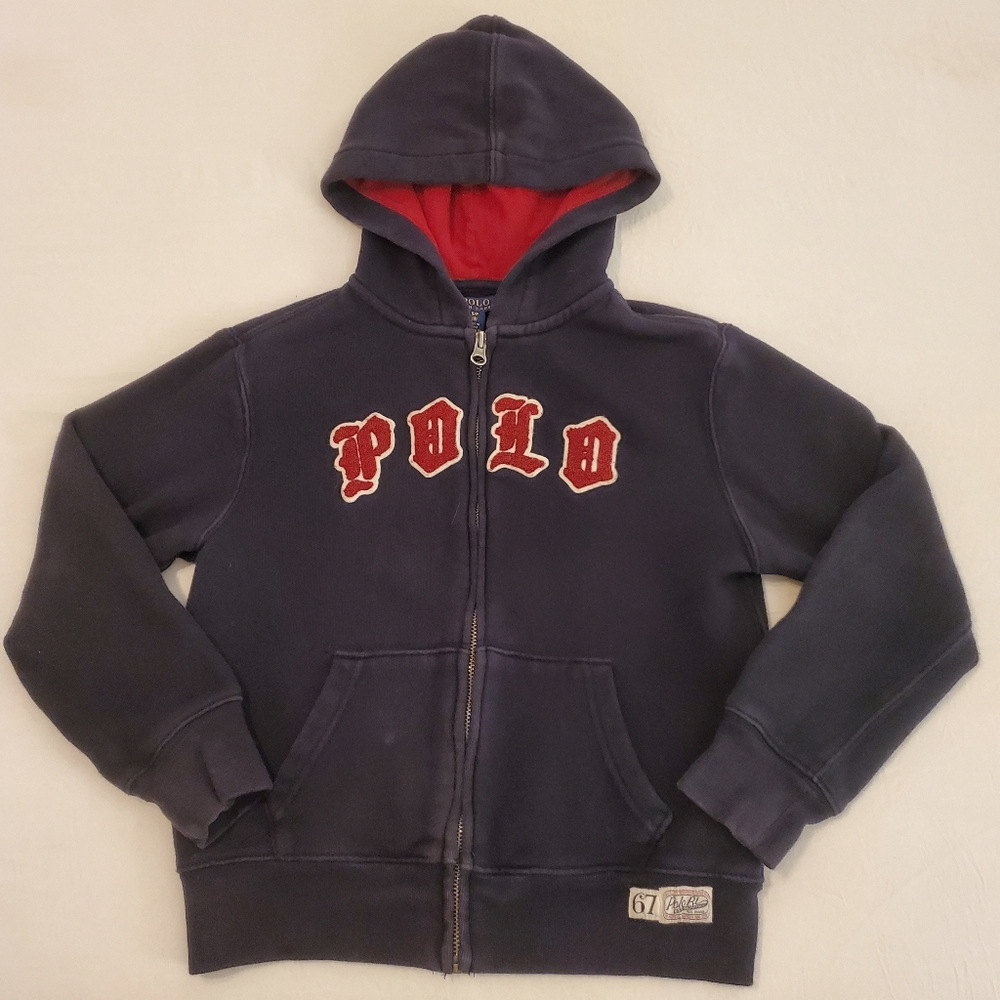 POLO RALPH LAUREN‎ Navy Blue Red Fuzzy Logo Patch Full Zip Hoodie Jacket Boys 8